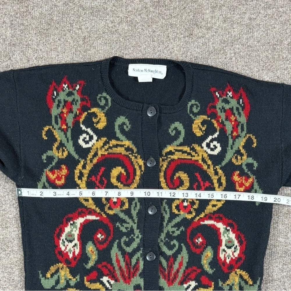 Vintage 90s Black Cardigan Sweater Women’s S Colorful Paisley Pattern Grannycore